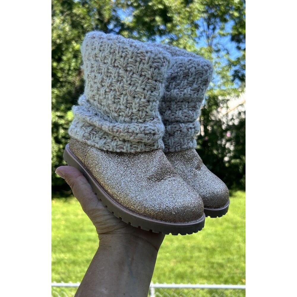 Cat & Jack Girls Size 12 Gold Glitter Knit Cuff Ankle Boots Side Zip